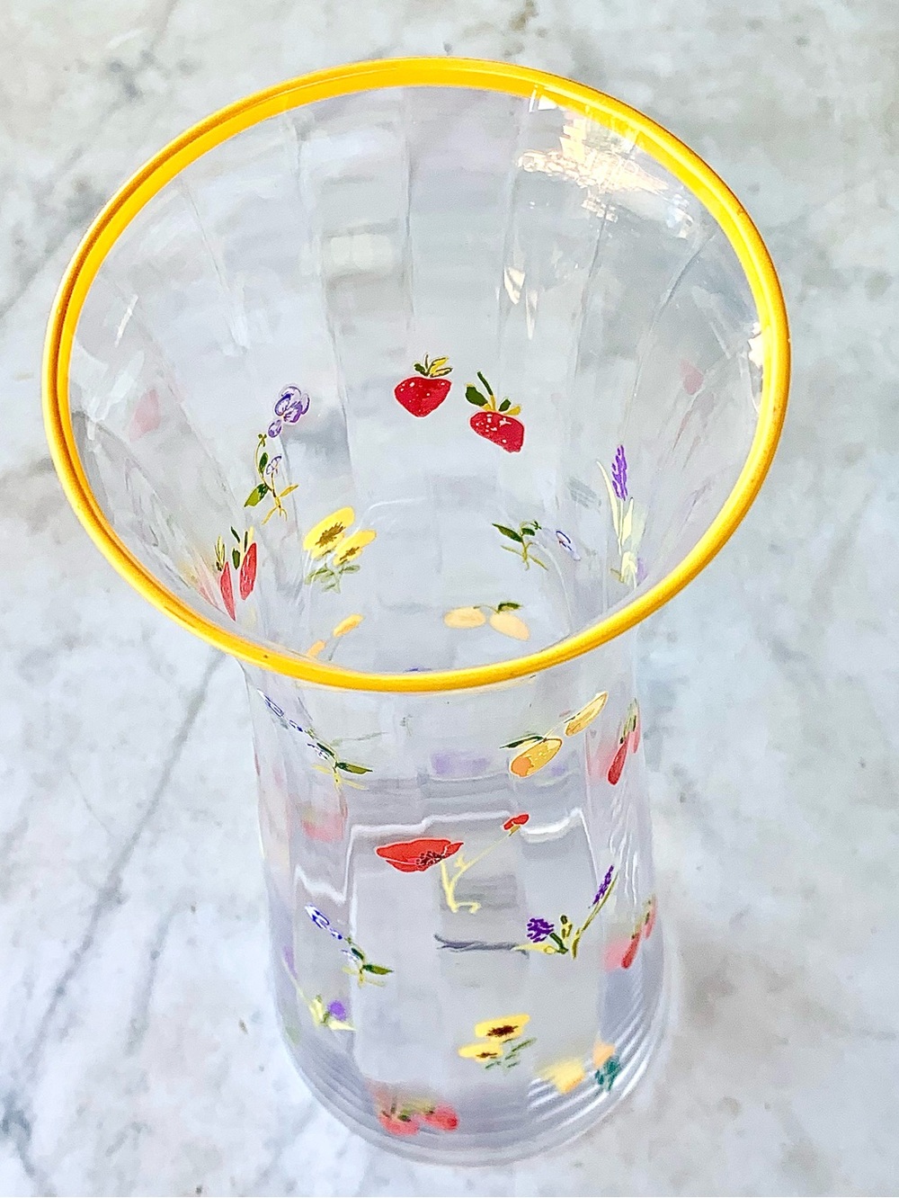 ANTHROPOLOGIE CORDELIA PITCHER CLEAR Glass Vase Yellow Rim and Floral Fruit NEW